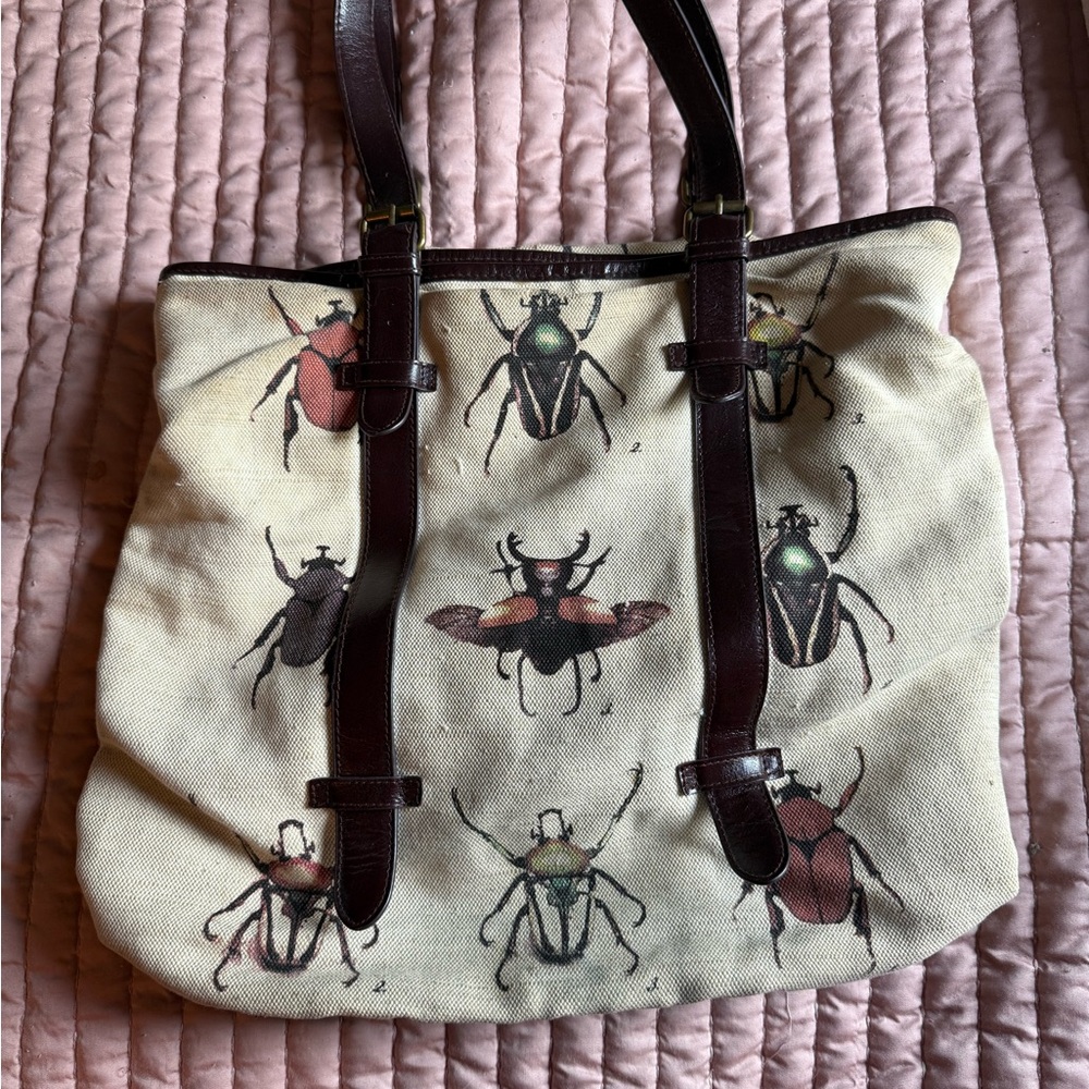 Insect Print Tote Bag - Cream and Brown